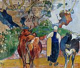 Peasant Canvas Paintings - Peasant Woman and Cows in a Landscape